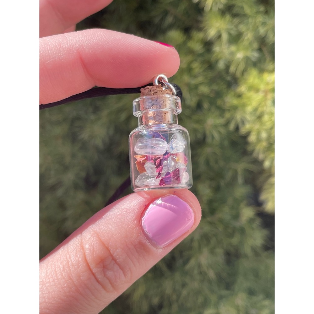 Clear Quartz + Rose Petal Necklace | Mini Cork Jar Pendant Handcrafted